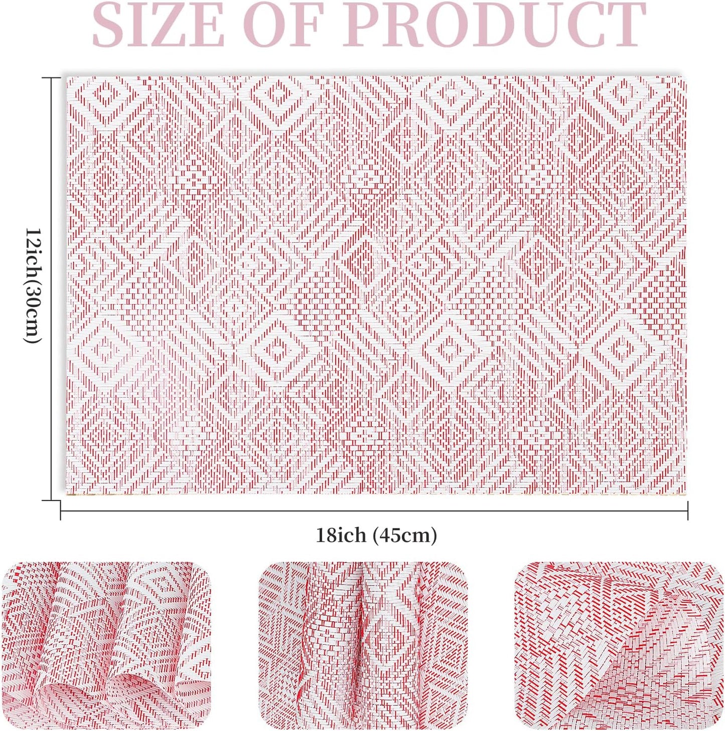 Vinyl Plastic Placemats Set of 6 Washable Heat Resistant Non-Slip Elegant Indoor Outdoor Kitchen Dining PVC Woven Table Place Mats (Red Pink Squares)