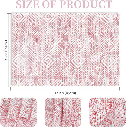 Vinyl Plastic Placemats Set of 6 Washable Heat Resistant Non-Slip Elegant Indoor Outdoor Kitchen Dining PVC Woven Table Place Mats (Red Pink Squares)