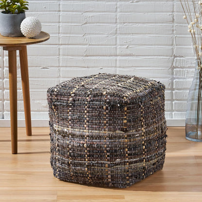 GDFStudio Boho Handmade Fabric Cube Pouf Ottoman Foot Stool - Bean Bag Floor Chair - Foot Rest Couch for Living Room Bedroom Khaki,16" x 16" x 16"