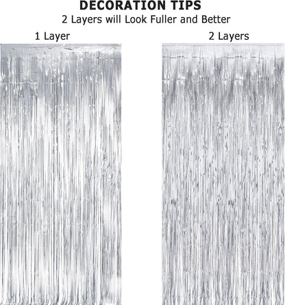 Silver Streamers Metallic Party Backdrop - GREATRIL Foil Fringe Tinsel Curtain for 2026 NYE/Birthdays/Prom/New Years/Graduations/Photo Booth, 8.2ft x 3.2ft - Pack of 2