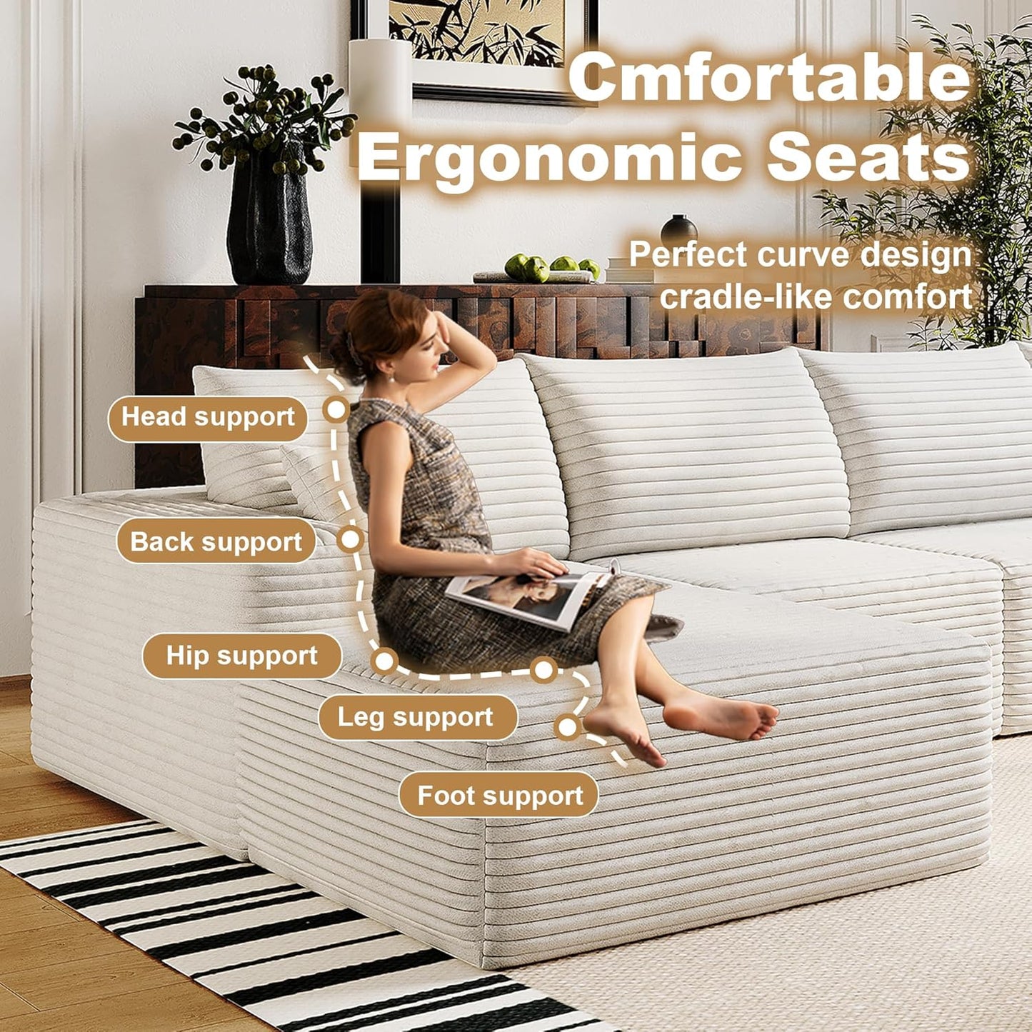 136" Sectional Couches for Living Room Modern Modular Sofa with L-Shape Couchs Upholstered Boneless Couch Deep Seat Sectional Couch with Chaise (White, Left Facing Chaise+3Seaters+Ottoman)