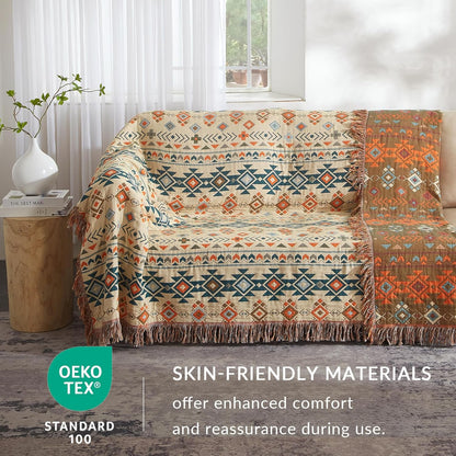 Boho Throw Blanket for Couch Sofa Bed, 100% Cotton Woven Quilt with Tassel 90”x98”, Super Soft Muslin Blanket with Patchwork Printed, Decorative Reversible Bed Blanket/Cover for All Seasons