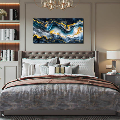 GUGIKA Abstract Wall Art for Living Room, Gold Black and Blue Canvas Wall-Art for Bedroom, Ocean Landscape Print Paintings, Size 40x20 Inches