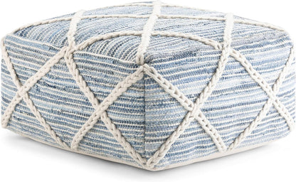 SIMPLIHOME Cowan Boho Square Pouf in Blue, Natural Handloom Woven for the Living Room, Bedroom and Kids Room