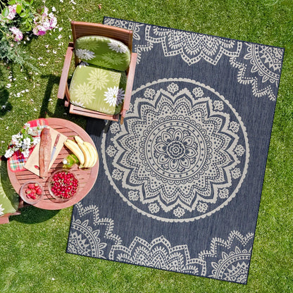 CAMILSON Outdoor Rug 10x14 Modern Area Rugs for Large Indoor and Outdoor Patios and Porches - Waterproof Washable Non-Shedding Easy-to-Clean Outside Carpet (10 x 14, Medallion - Blue/White)