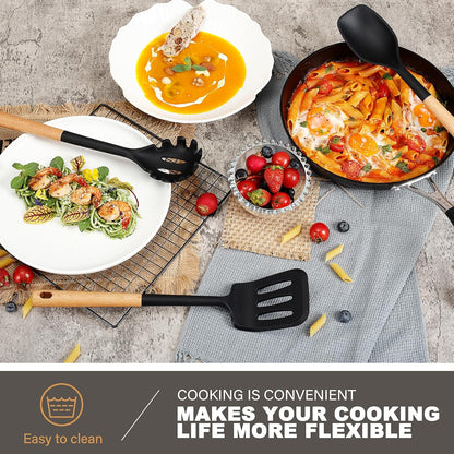 QMVESS Silicone Cooking Utensils Set, Kitchen Utensils Set 7 Pcs with Long Wooden Handle, Food Grade and Heat Resistant Large Silicone Spatula Set for Nonstick Cookware, BPA Free（Black）