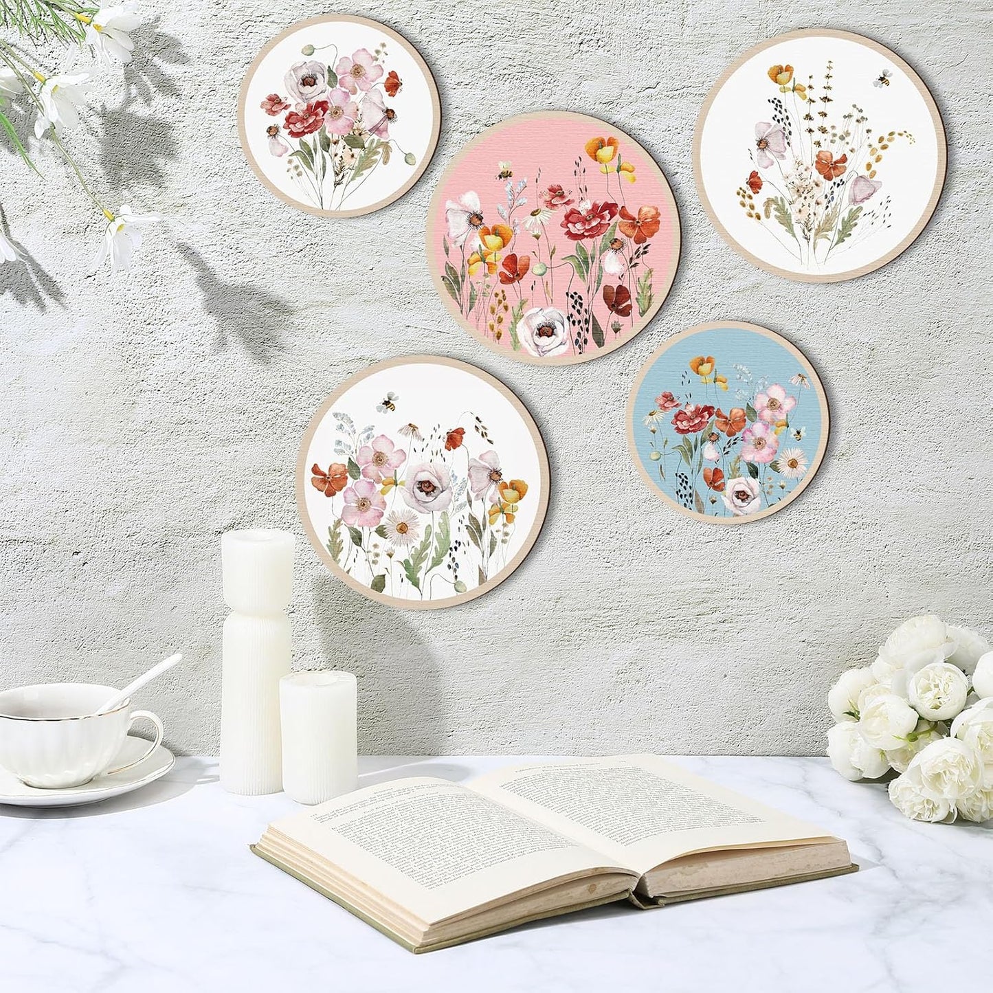 Qunclay 5 Pcs Wall Art Decor Wooden Living Room Wall Decor Bohemian Hanging Farmhouse Geometric 10'' and 8'' Aesthetic Wood Minimalist Posters for Bedroom(Wild Flower)