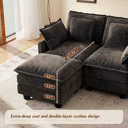 Ihanherry 57" L Shaped Modular Sectional Cloud Sofa, Modern 3 Seat Chenille Couch with Ottoman for Living Room, Bedroom and Apartment, Black