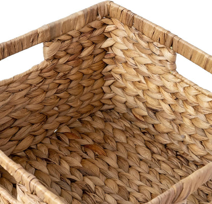 Large 14.5” x 13.5” x 8” (Set of 3) Natural Water Hyacinth Woven Storage Baskets, Rectangular Wicker Basket with Built-in Handles, Large (Natural)