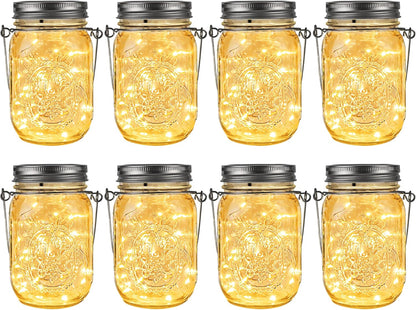 GIGALUMI Solar Mason Jar Lights, 8 Pack 30 Led String Fairy Lights Garden Lights Outdoor Waterproof Metal Lid Hanging Solar Lanterns for Outdoor, Garden, Patio, Lawn, Balcony Decoration