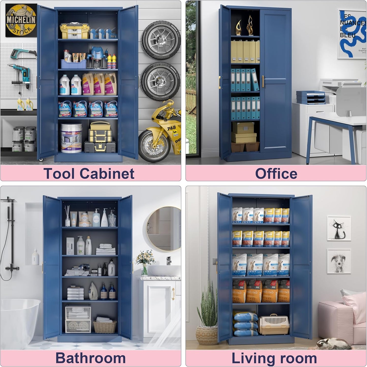 71" Storage Cabinet, Metal Pantry Cabinet, Kitchen Pantry Storage Cabinets with Doors and 4 Shelves, Cabinets for Laundry Room, Living Room, Dinning Room, Assembly Required, Blue