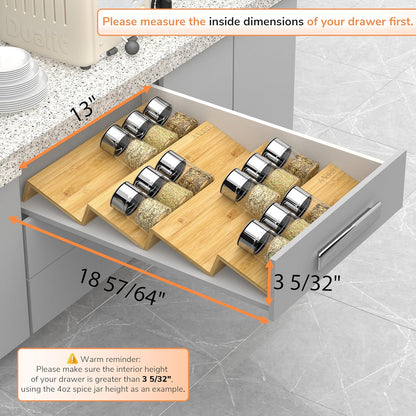 AMBIRD Bamboo Spice Drawer Organizer with Non-slip Mat, 4 Tier Jar Spice Rack Tray 13'',Seasoning Organizer for Kitchen,Cabinet,Drawers,Countertop