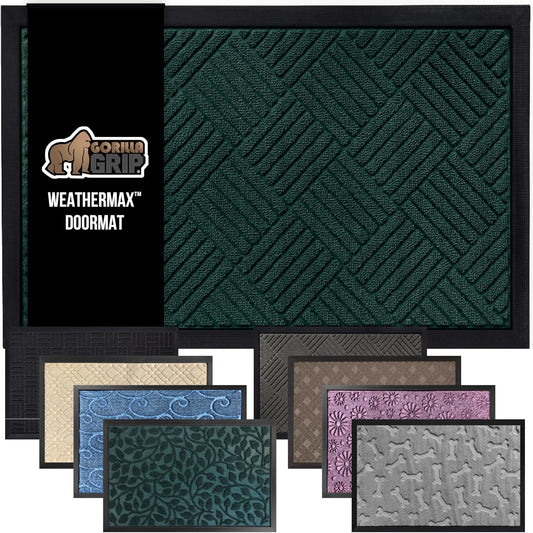 GORILLA GRIP 100% Waterproof All-Season WeatherMax Doormat US Designed Natural Rubber, Stain and Fade Resistant, Low Profile Indoor Outdoor Door Mats, Easy Clean Patio Mat, 17x29, Green Diamond