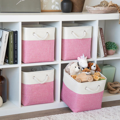 OrganiHaus 11x11 Cube Storage Bins 4 Pack, Foldable Cube Storage Organizer w/ Rope Handles, Collapsible Fabric Bins for Toys, Clothes & Closet Organization, Fabric Square Baskets - Pink/White