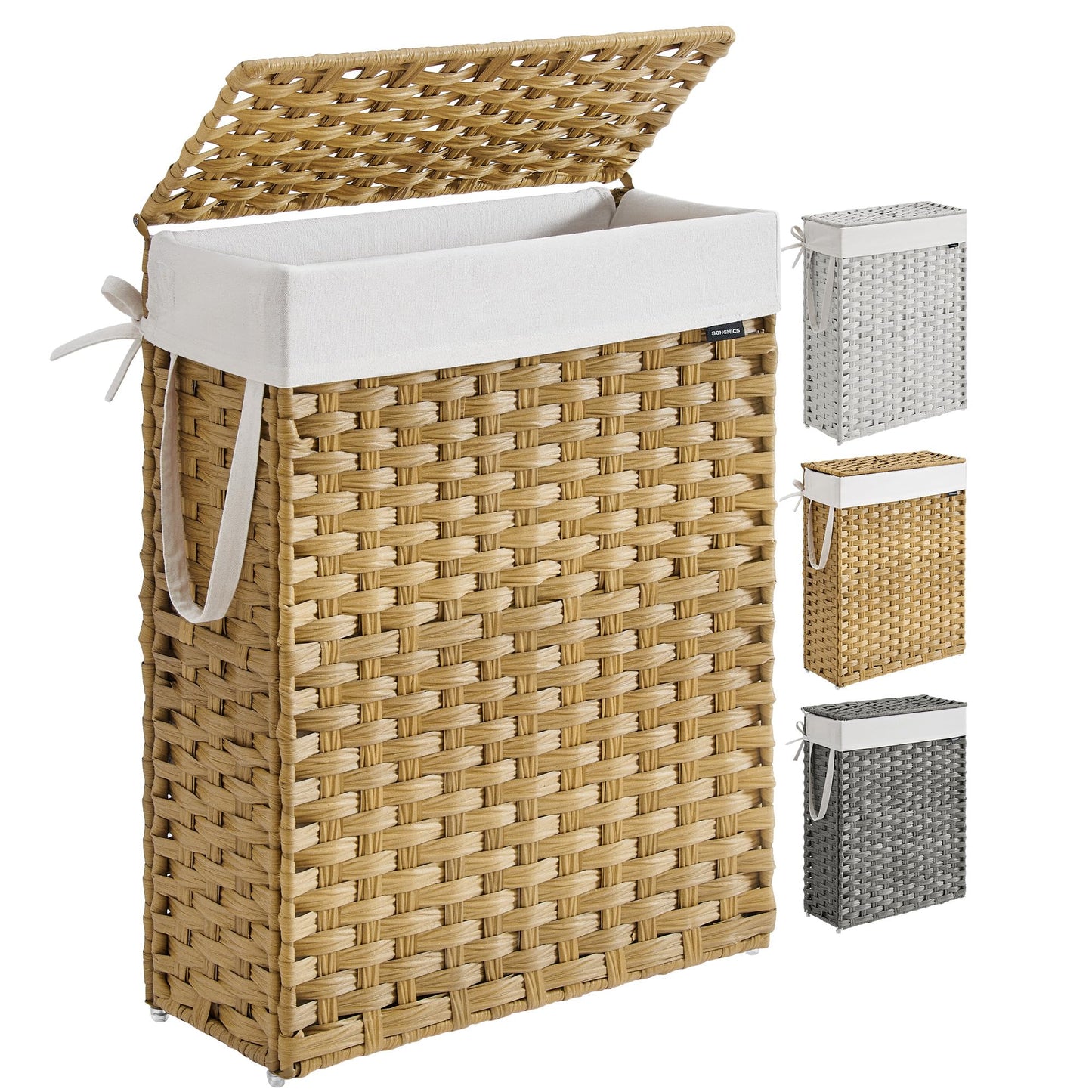 SONGMICS Slim Laundry Hamper with Lid, 14.5 Gallon (55L) Rattan Clothes Laundry Basket with Lid and
