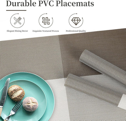 Vinyl Plastic Placemats Set of 6 Washable Heat Resistant Non-Slip Elegant Indoor Outdoor Kitchen Dining PVC Woven Table Place Mats (Light Coffee Lattice Block)