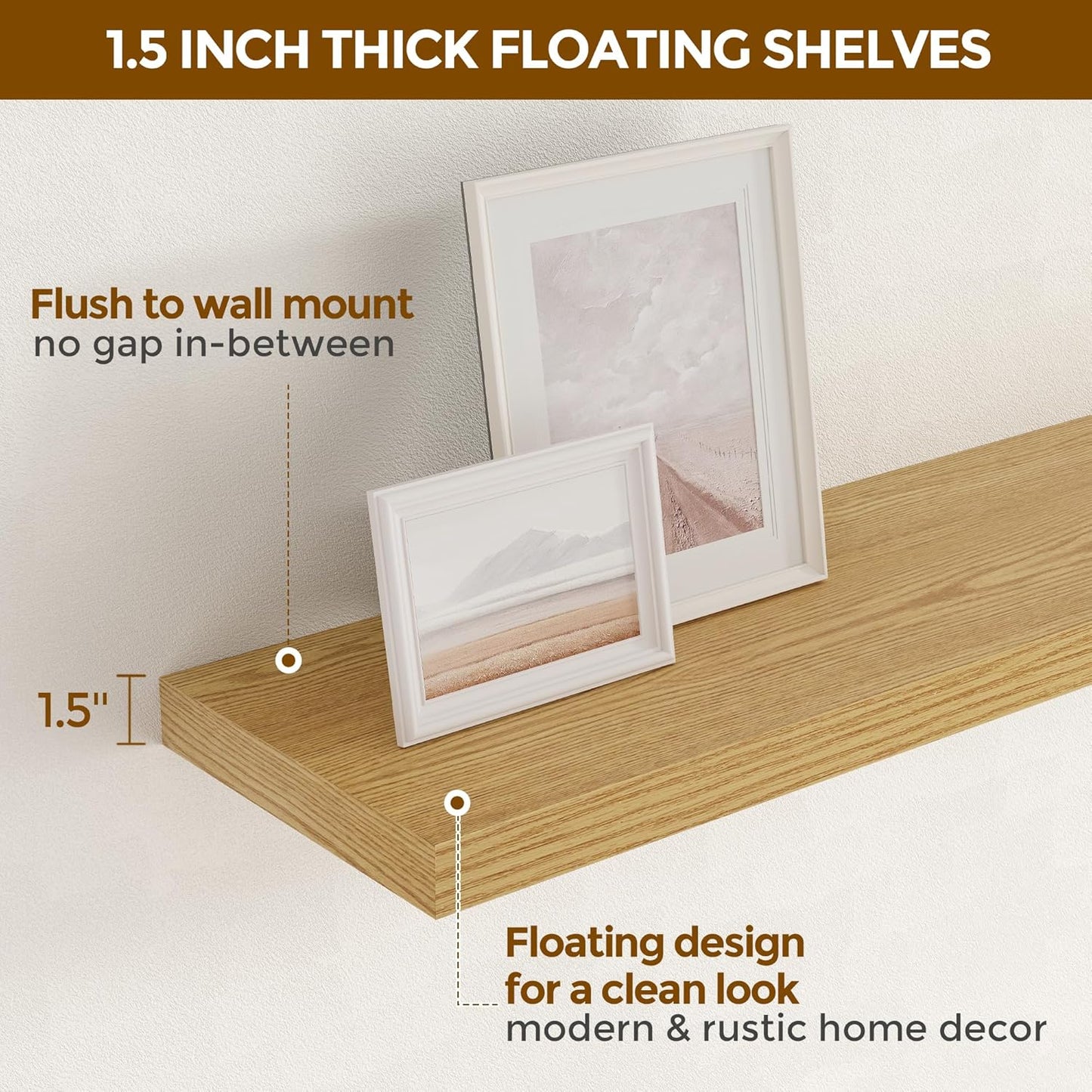 Floating Shelves 55 Inch Long, 55"W x 9"D Wall Shelf Invisible Bracket, 9 Inch Deep Floating Shelf for Wall, Rustic Wooden Shelves for Living Room, Kitchem, Bedroom, Oak Color, Set of 1