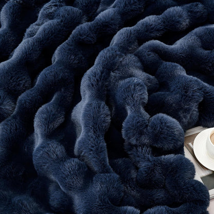 DREAMNINE Oversized Soft Thick Fuzzy Bubble Faux Rabbit Fur Throw Blanket Twin Size 60" x 71", Double Sided Comfy Plush Warm Shaggy Fluffy Blankets, Luxury Cozy Cute Furry Blanket for Bed, Navy Blue