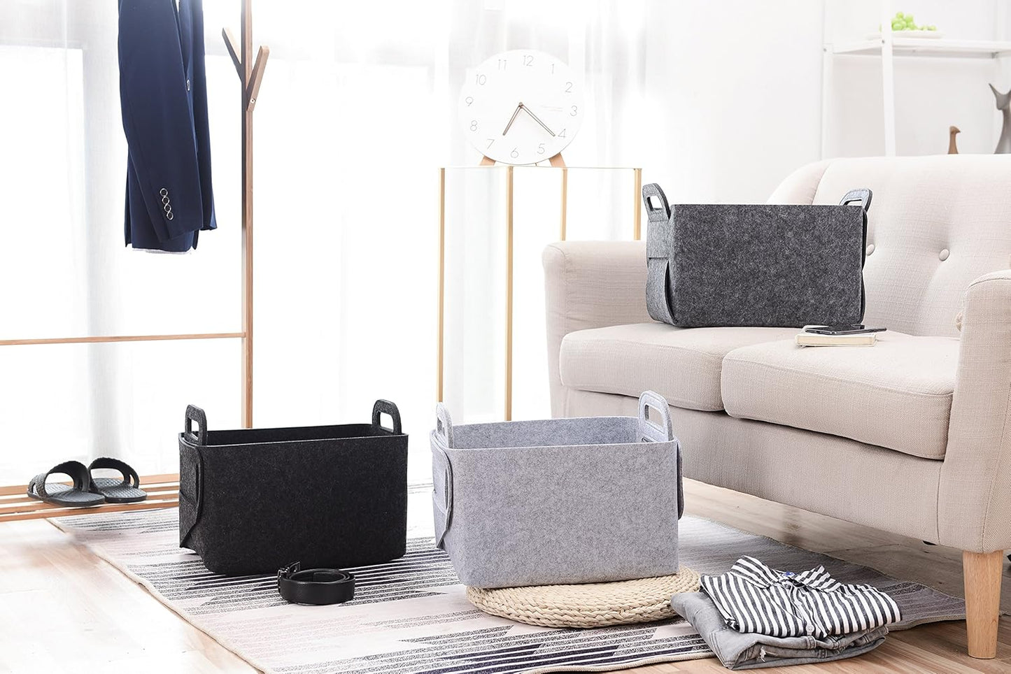 Minoisome Storage Basket Felt Storage Bin Collapsible& Convenient Box Organizer with Carry Handles for Office Bedroom Closet Babies Nursery Toys Laundry (Dark grey, 13.8inch（L）×9.5inch（W）×8.3inch（H）)