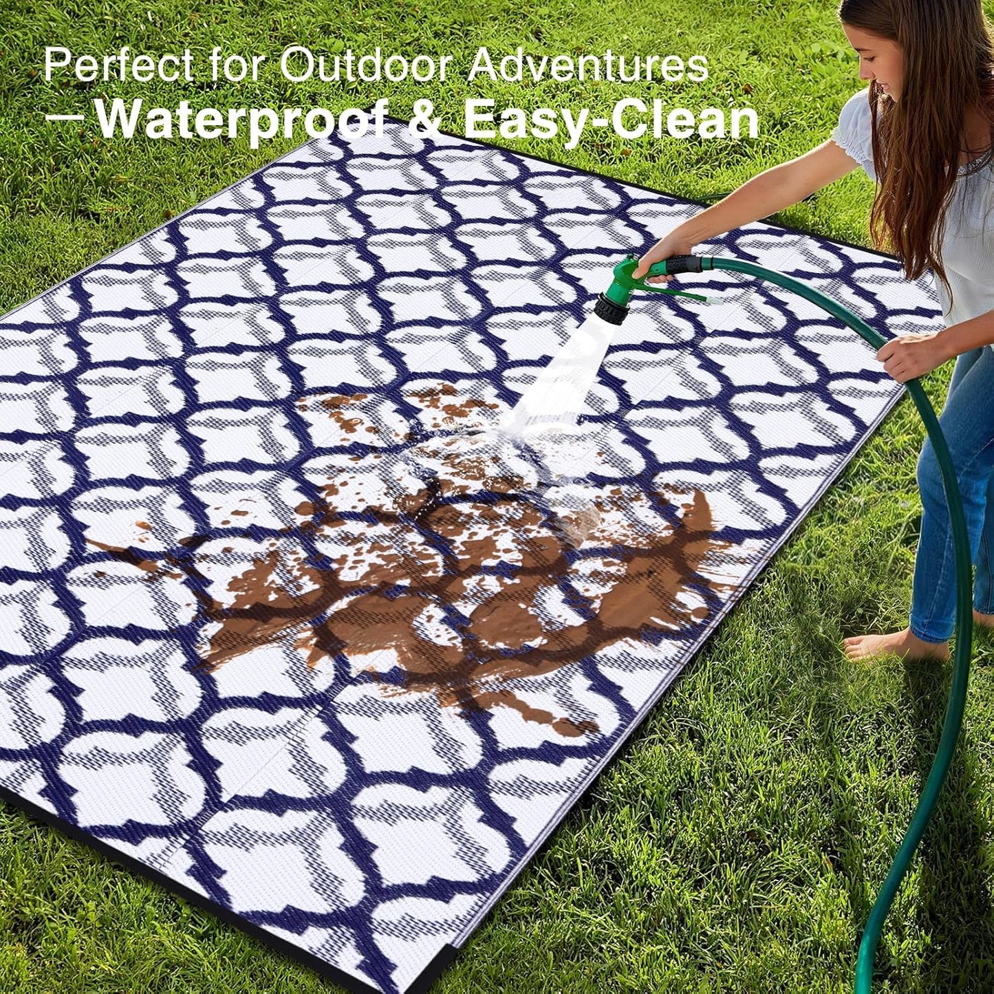 OLANLY Reversible Outdoor Rug 9x12 ft Clearance, Waterproof Outdoor Plastic Straw Rug with Interlacing Pattern, RV Mat for Patio, Camping, Balcony, Deck, Backyard, Navy & White