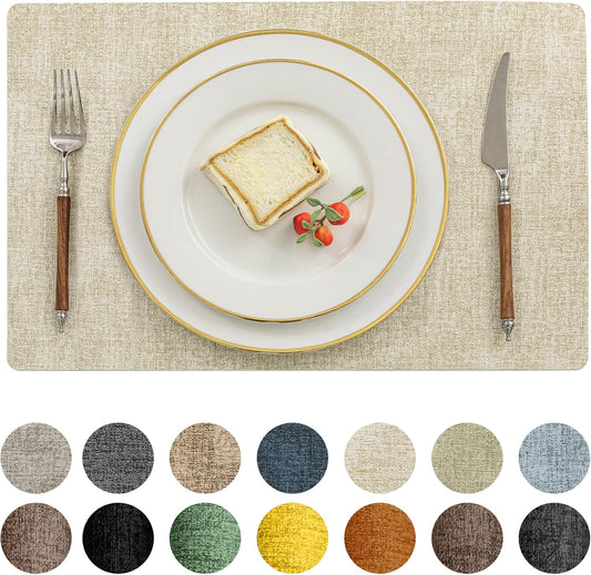 Romanstile Vinyl Placemats Set of 12-12 X 18 Inch - Heat Resistant Place Mats 100% Waterproof Oilproof Wipeable Reversible Faux Leather Table Mats for Kitchen/Dining/Party/Outdoor, Beige
