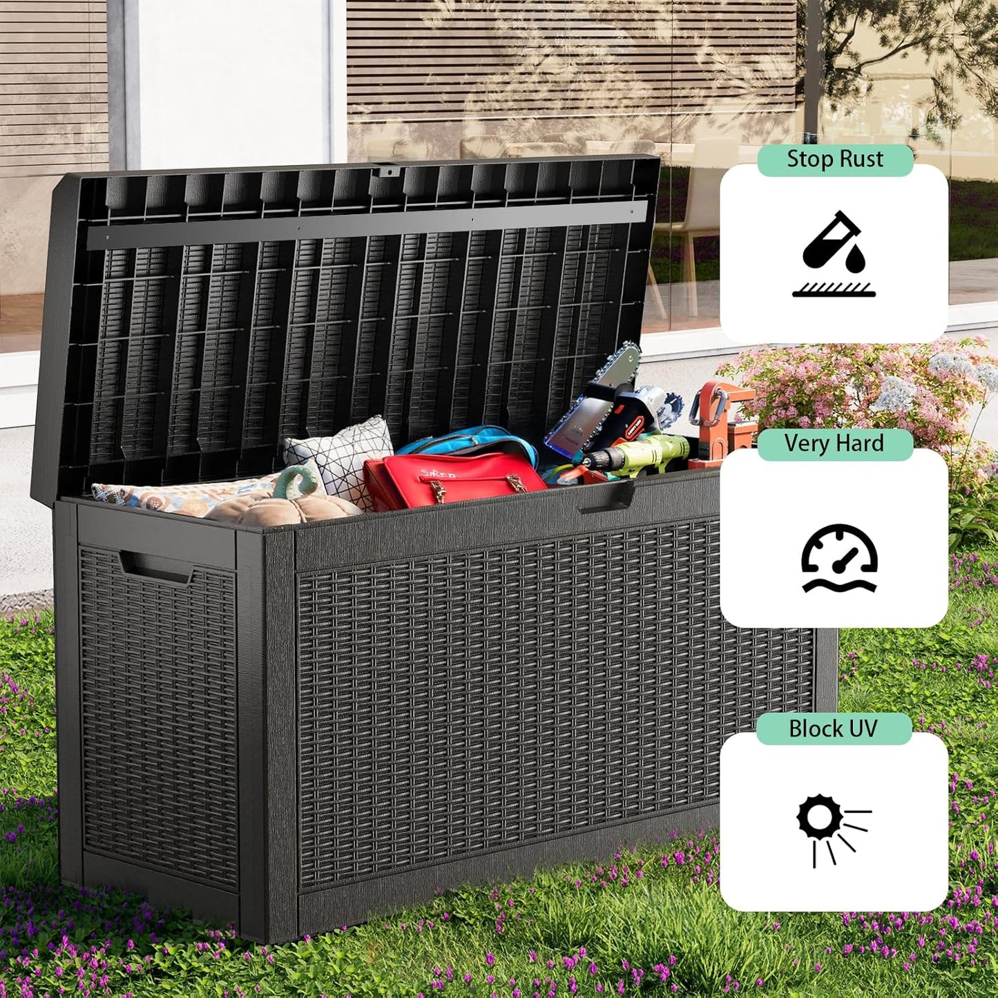 Vixzen 60 Gallon Outdoor Deck Box,Lockable Resin Waterproof Storage Box,UV Resistant,Weather Resistance,Outside Storage Bin for Gardening Tools,Pool Supplies,Black