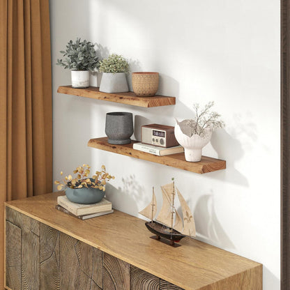 Solid Elm Wood Floating Shelves, 36 Inch Wood Floating Shelves for Wall, Live Edge Wooden Shelves Wall Mounted for Books, Bathroom, Kitchen, Natural Color, Set of 2