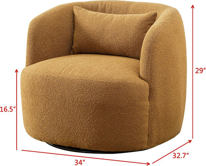 KINWELL 34" Wide Boucle Swivel Barrel Chairs Set of 2, No Assembly Round Upholstered Armchairs Accent Chairs Single Sofa Chair with Toss Pillow for Living Room and Bedroom, Brown