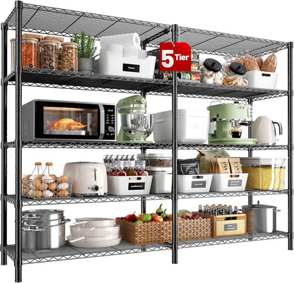 REIBII 5 Tier Wire Shelving Storage Shelves Loads 1430LBS, 58" W Metal Shelving for Storage Adjustable Shelving Unit Heavy Duty Garage Shelves Pantry Shelves Kitchen, Black