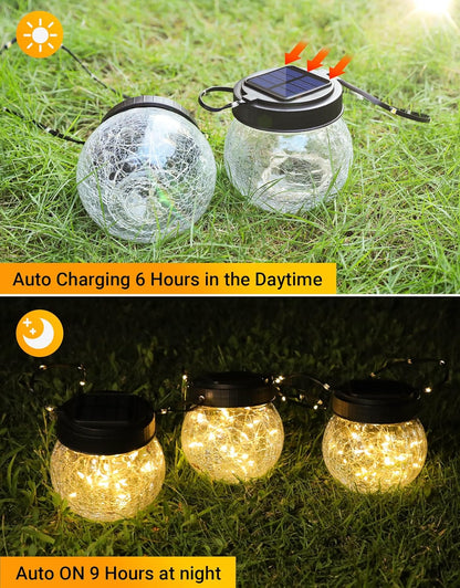 PARTPHONER Solar Lanterns Solar Lights Outdoor Waterproof 18-Pack, Solar Powered Hanging Lights Cracked Glass Hanging Globes for Christmas Decoration, Shepherd Hook, Garden Tree Ornaments