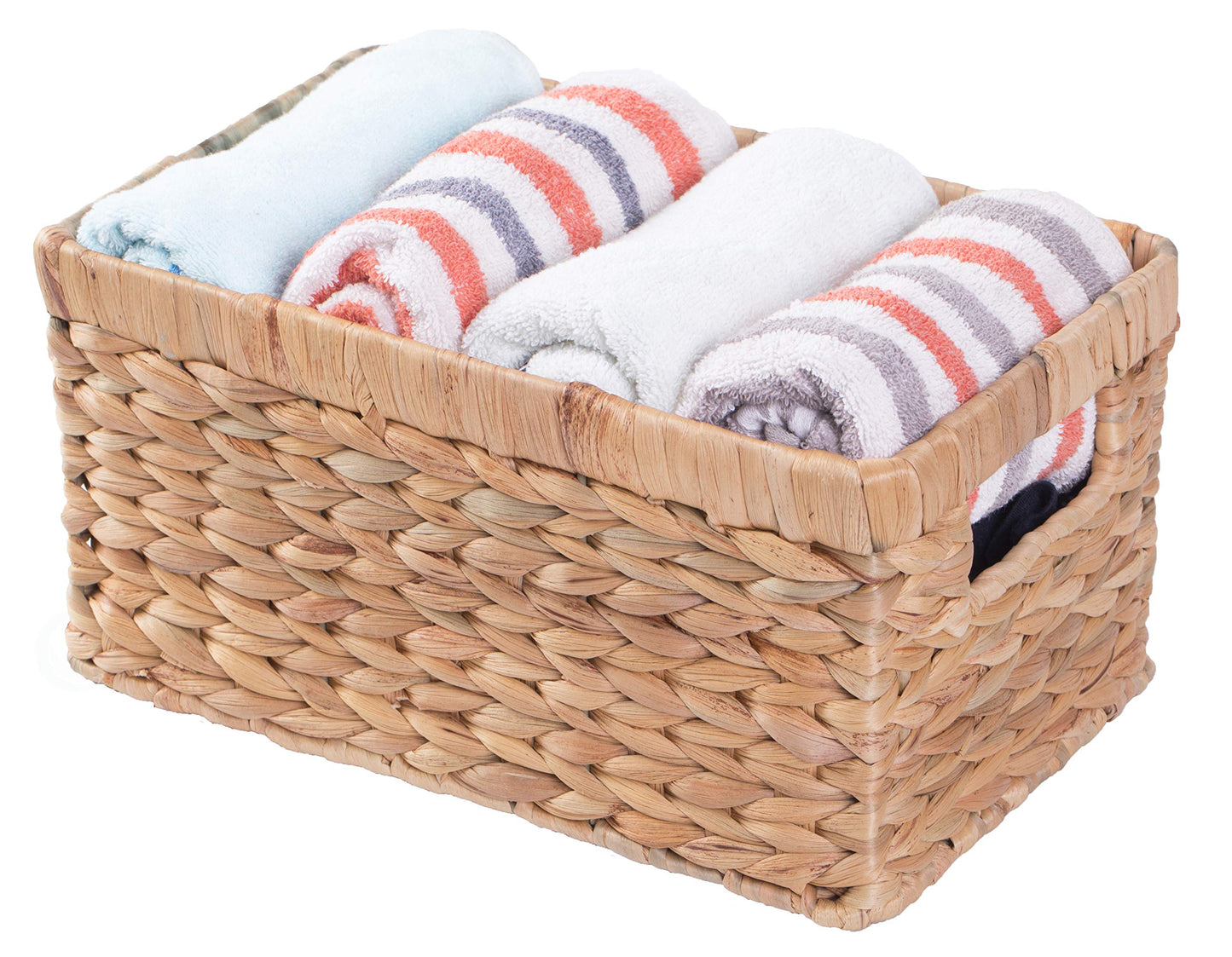 Natural Woven Water Hyacinth Rectangular Wicker Basket with Handles, Small Storage Bin Organizer