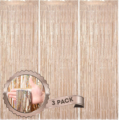 3 Pack 3.3 x 8.2 ft Laser Champagne Foil Fringe Backdrop Curtains, Tinsel Streamers Birthday Party Decorations, Fringe Backdrop for Graduation, Baby Shower, Gender Reveal, Disco Party
