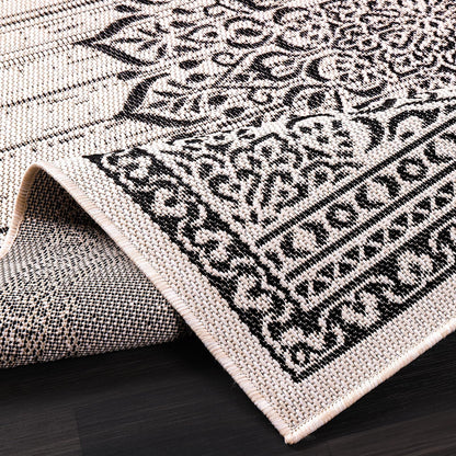 CAMILSON Outdoor Rug, 5x7 Medallion White Black Modern Area Rugs for Indoor and Outdoor Patios, Kitchen and Hallway Mats, Washable Porch Deck Outside Carpet (Medallion White, 5 x 7)