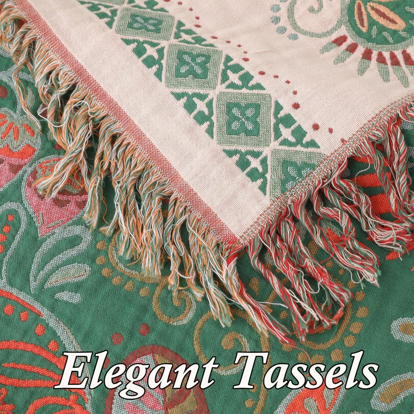 Snycler Cotton Bed Throw with Tassels, Double-Sided Bohemian Spring Flowers Plants Throws for Sofas, 60x80 inch Woven Warm Blanket for Single Sofa, Bedspread and Settee Couch Travel Green