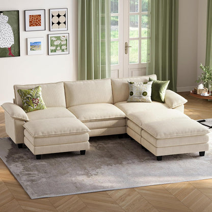 LINSY HOME Modular Sectional Sofa - 123'' Oversized Sleeper Sofa Cloud Couch Corduroy Sofa Bed with Movable Ottoman Soft Modern Comfy Couch for Living Room Apartment Office, Beige