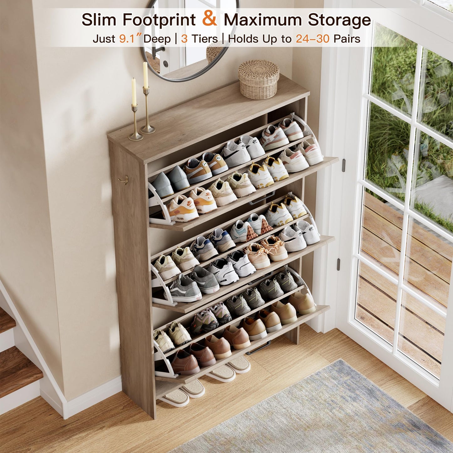 Nicetree Farmhouse Gray Shoe Cabinet – Ultra Slim 3-Drawer Flip Organizer with Shaker Barn Door
