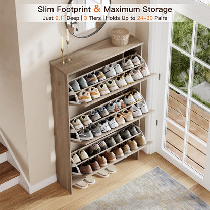 Nicetree Farmhouse Gray Shoe Cabinet – Ultra Slim 3-Drawer Flip Organizer with Shaker Barn Door