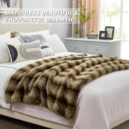 DREAMNINE Premium Luxury Fuzzy Animal Skin Faux Fur Throw Blanket 50" x 60", Double Sided Thick Shaggy Lion Fluffy Bear Lap Blankets, Soft Decorative Cozy Wolf Warm Winter Fox Furry Blanket,Gold Brown