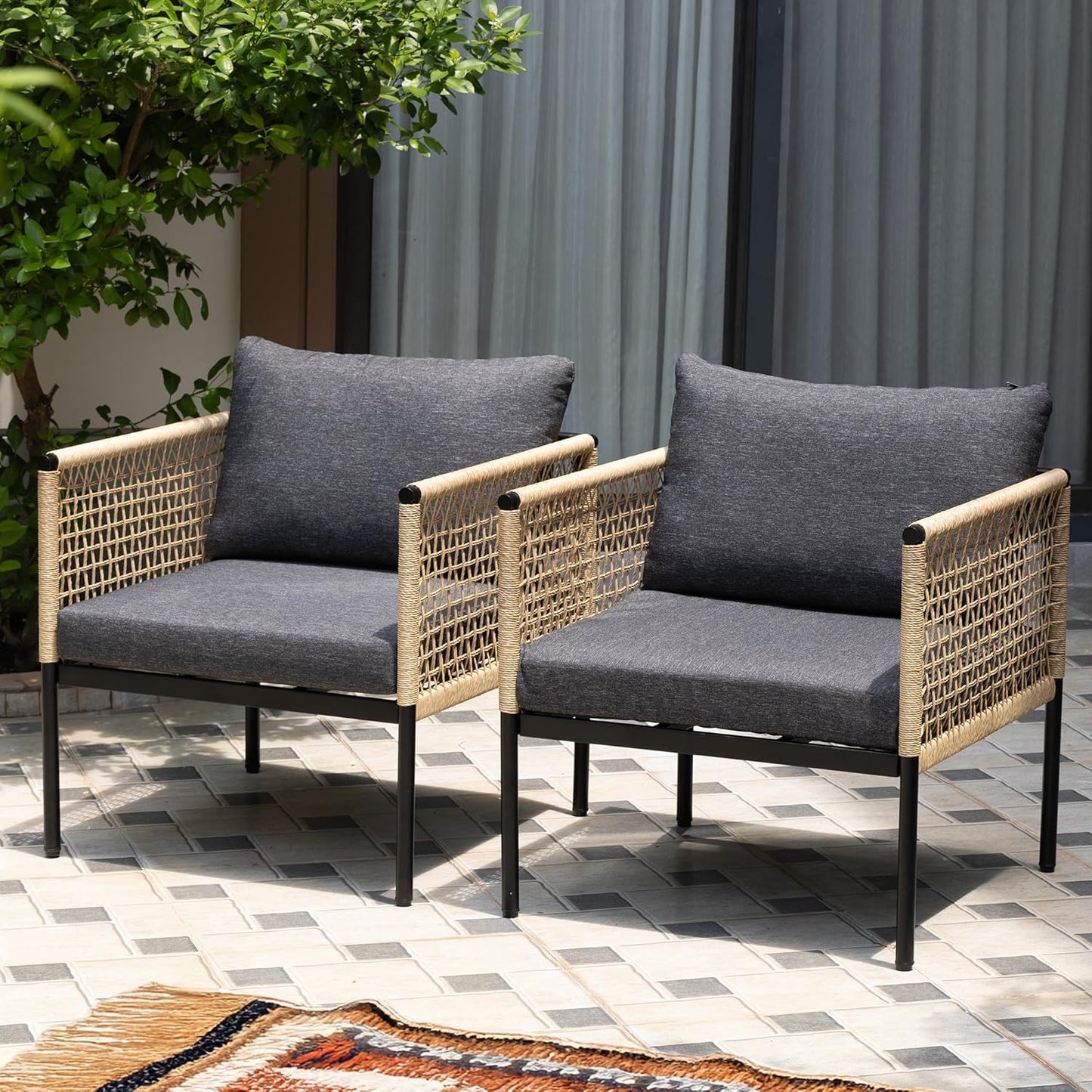 Idzo Oscar Wicker Outdoor Lounge Chair Set of 2, Sturdy Metal Frame, Weather-Resistant Rope Weave, Plush Olefin Cushions, Modern Patio Chairs for Backyard, Balcony, or Poolside