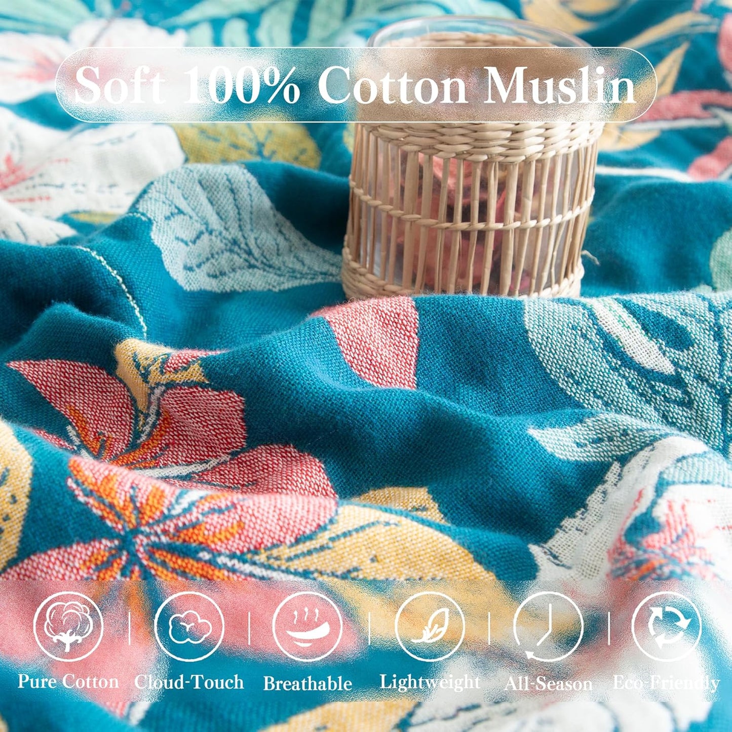 Boho Throw Blanket Full Size, Extra Large Soft Cozy Cotton Muslin Quilt Blanket for Bed Decor, Floral Patterned Couch Sofa Chair Cover, Vintage Farmhouse Cottage Woven Blanket, Teal&Green