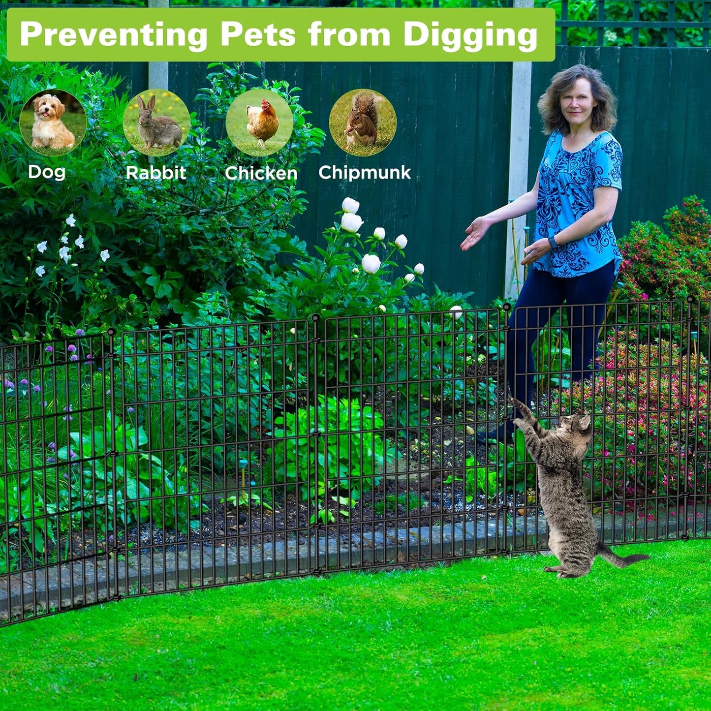 5 Panels No Dig Garden Fence Animal Barrier, 34in(H) × 11.25ft(L) Decorative Metal Outdoor Dog Fence, Rustproof Pet Fencing for Yard, Patio, Flower Bed -Temporary Fencing| Easy to Install