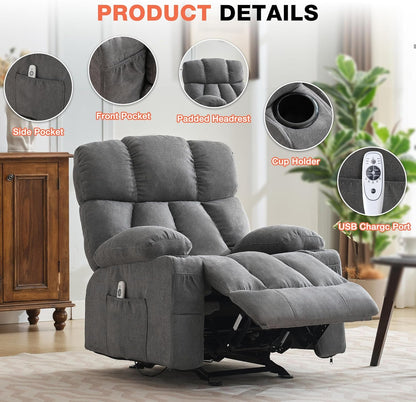 Massage Rocker Recliner Chair with Heat, Ergonomic Overstuffed Reclining Lounge Chair with Side Pockets, USB Charging Port, Sturdy Metal Frame, Comfortable Modern Design for Living Room