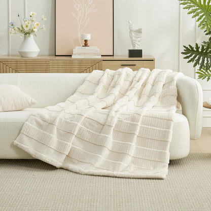 Amélie Home Luxury Striped Faux Fur Throw Blanket for Couch, Embossed Split Fur Cozy Fuzzy Fluffy Luxurious Soft Plush Sofa Chair Bed Gift Blankets for Women Men Wife Friend, 88"x90", Ivory