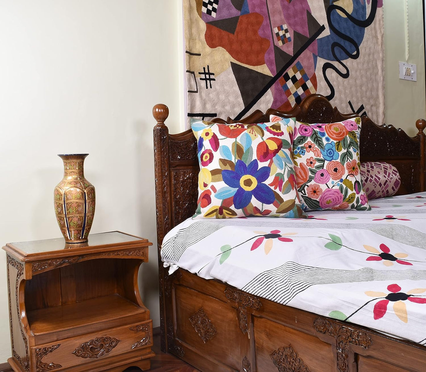 Cream Floral Pillow Cover Blue Flower Pillowcase Boho Cushion Florals Accent Throw Pillowsham Wool Hand Embroidered Size 18x18