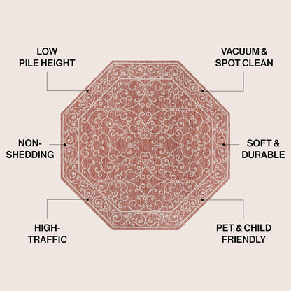 JONATHAN Y Vintage Filigree Indoor Outdoor Octagon Area Rug 8 Ft Red/Beige, Charleston Textured Weave for Backyard, Patio, Porch, Easy-Cleaning, High Traffic, Pet-Friendly, Non-Shedding SMB106B-8TGN
