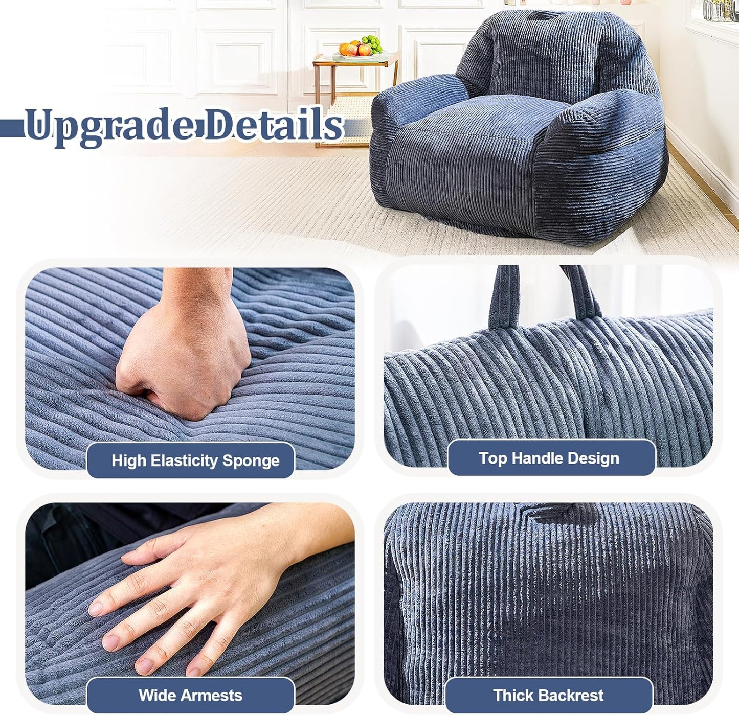 Bean Bag Chair, Faux Fur Bean Bag Chair for Adults, Fluffy and Comfy Bean Bags with Filler, Bean Bag Sofa Chair for Reading, Gaming, Stuffed High-Density Foam, Grey