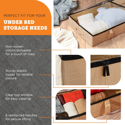 storageLAB Under Bed Storage Containers, Closet Organizers with Sturdy Handles for Clothes, Comforters, and Accessories, Use Under or at the End of the Bed - 2 Pack, Reinforced, Beige