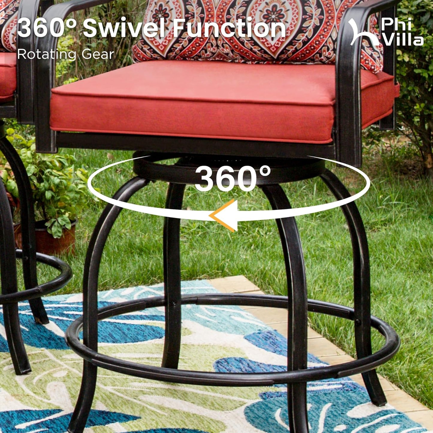 PHI VILLA 5 Piece Patio Bar Height Dining Set, 4 Outdoor Counter Height Swivel Bar Stools with Red Cushion and 1 Long 4-6 Person Metal High Top Bar Table for All Weather