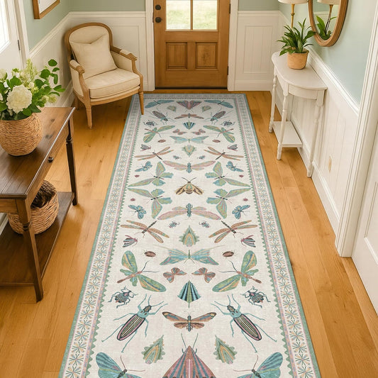 Insect Print Long Hallway Runner Rug - Light Green Rug for Kitchen Floor, Entryway Runner Rug, Washable Non Slip with Rubber Backing, Cool Butterfly Indoor Decor