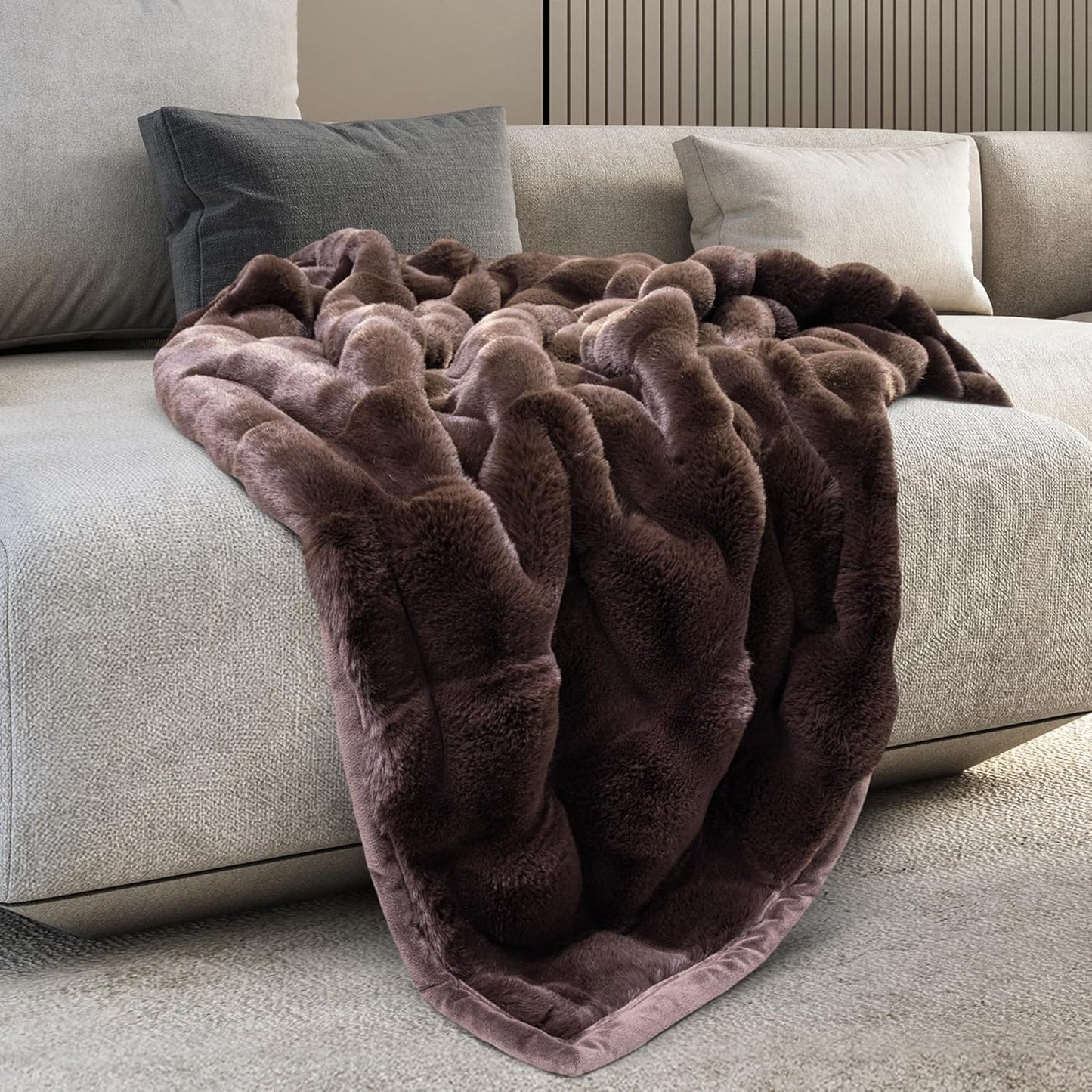 Mon Chateau Premium Reversible Luxury Faux Fur Throw for Couch, Sofa, or Bed - Plush Cozy Soft Blanket for Sleeping or Home Décor, 60" x 70" (Brown)